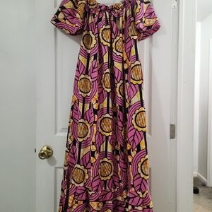 Vibrant Pink and Yellow Off-Shoulder Dress